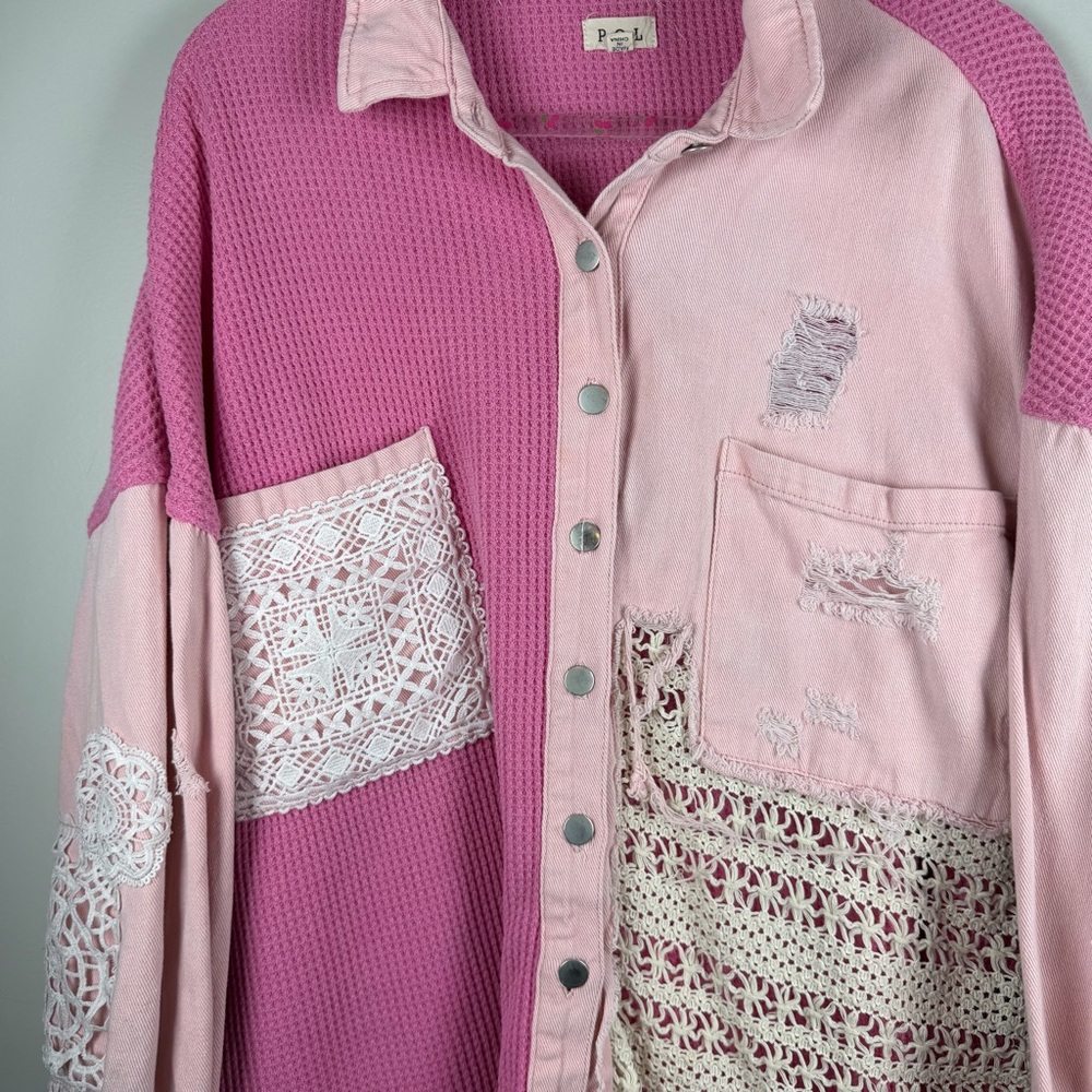 Pol Pink Patchwork Distressed Shacket Grunge Croc… - image 5